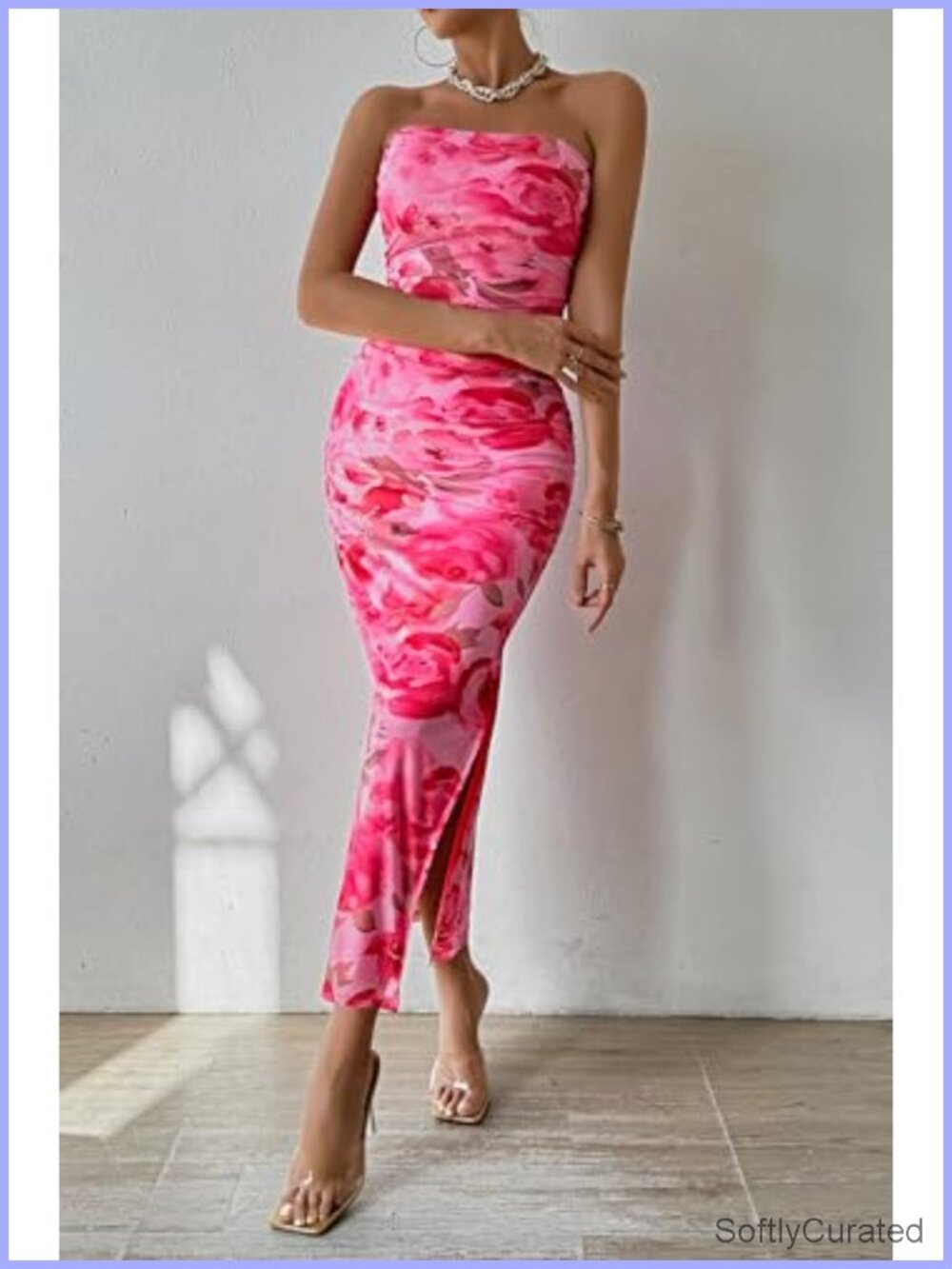 Strapless Bodycon Floral Maxi Dress with Slit, Ruched, Stretchy - Picture 3 of 6